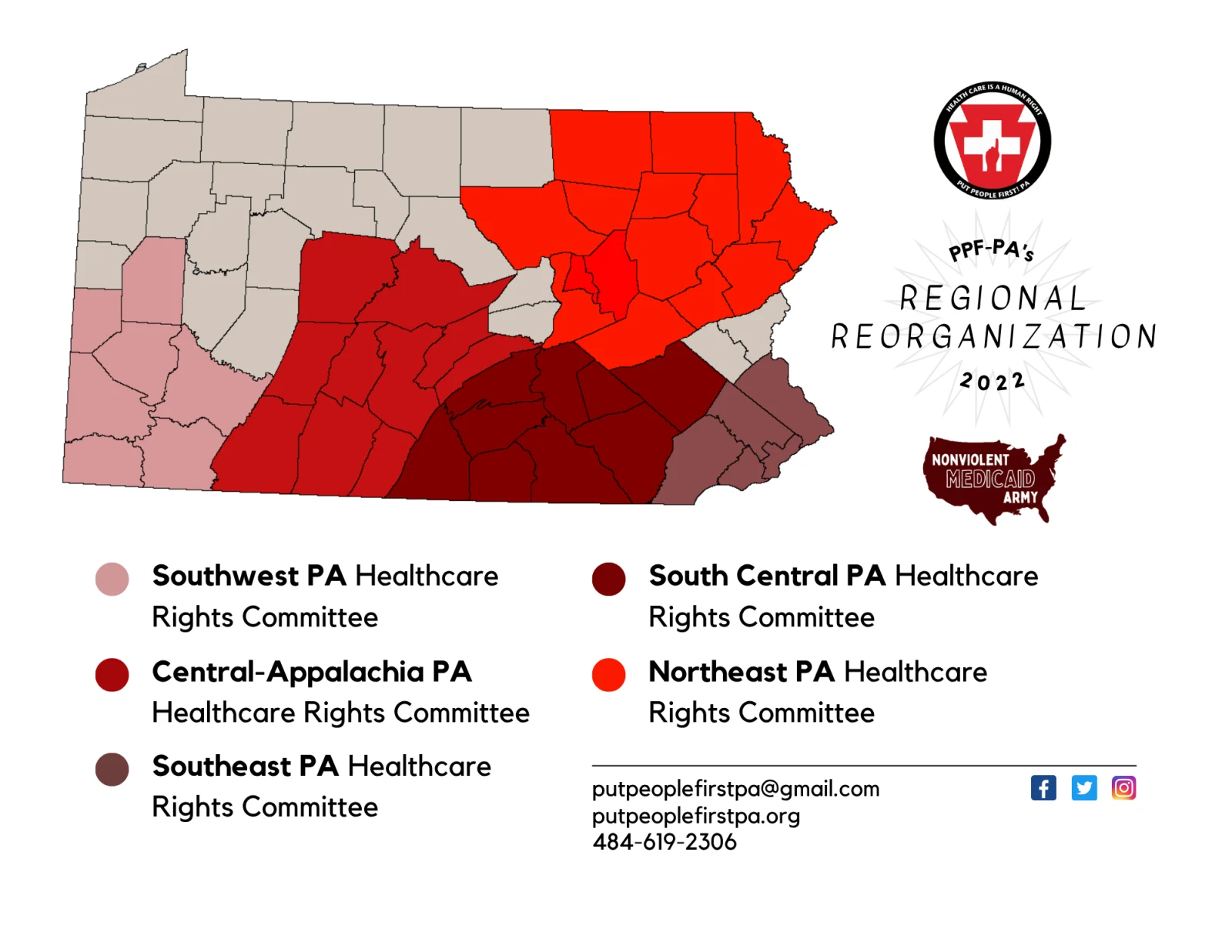 Map of Pennsylvania from PPF-PA's 2022 Regional Reorganization, shading the counties covered by each of the five Healthcare Rights Committees: Southwest PA, Central-Appalachia PA, Southeast PA, South Central PA, and Northeast PA.