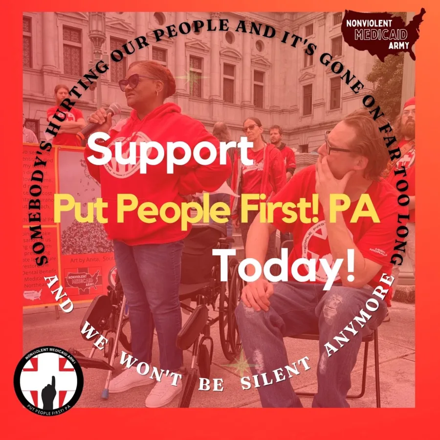 Support Put People First! PA Today! — members in red sweatshirts speaking at a rally on the steps of the Pennsylvania Capitol, ringed by the words “Somebody's hurting our people and it's gone on far too long, and we won't be silent anymore.”