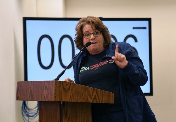 Peggy Malone, president of the Crozer Chester Nurses Association, asks Delaware County Council to reopen the Crozer hospitals weeks after they were closed. "We need to save this community," she says. "This is the poorest population." (COURTESY OF DELAWARE COUNTY)