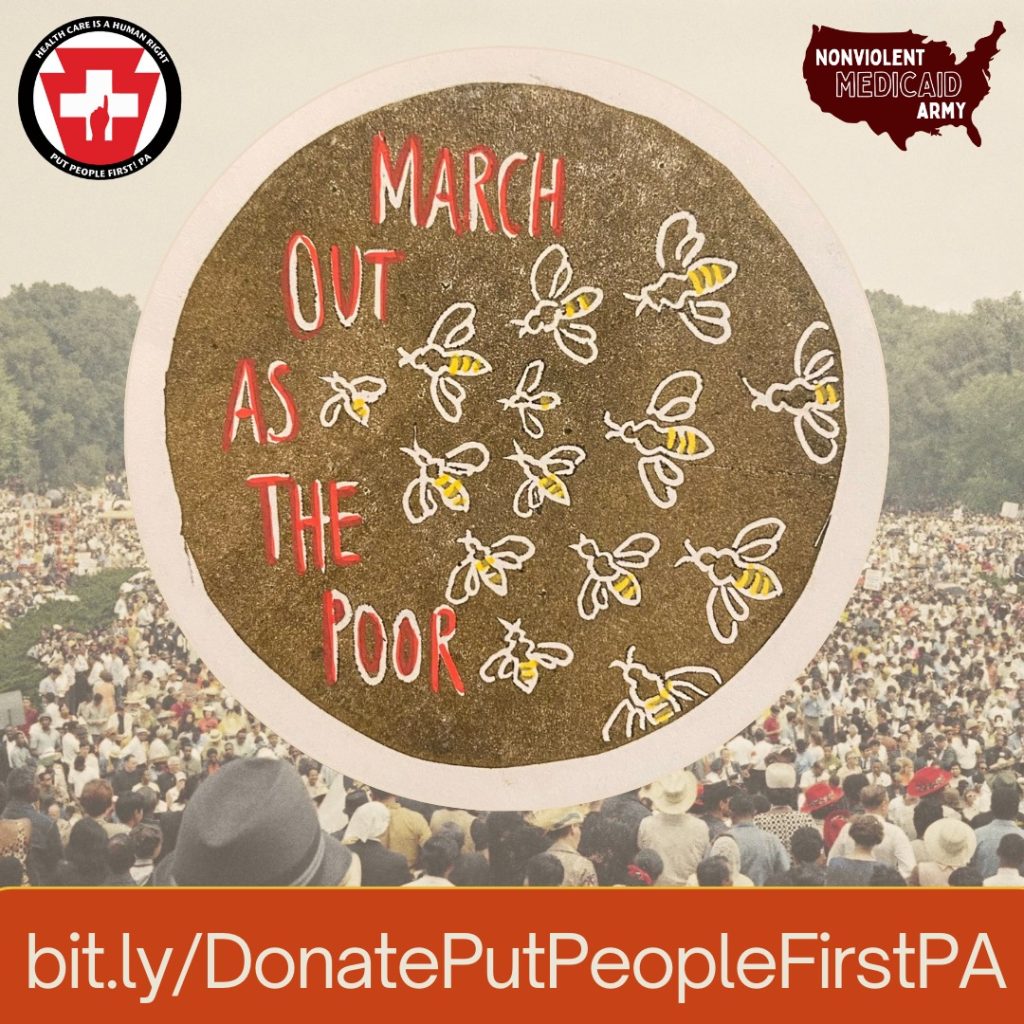 Image says "March out as the poor" with bees inside a circle and a sea of people in the background